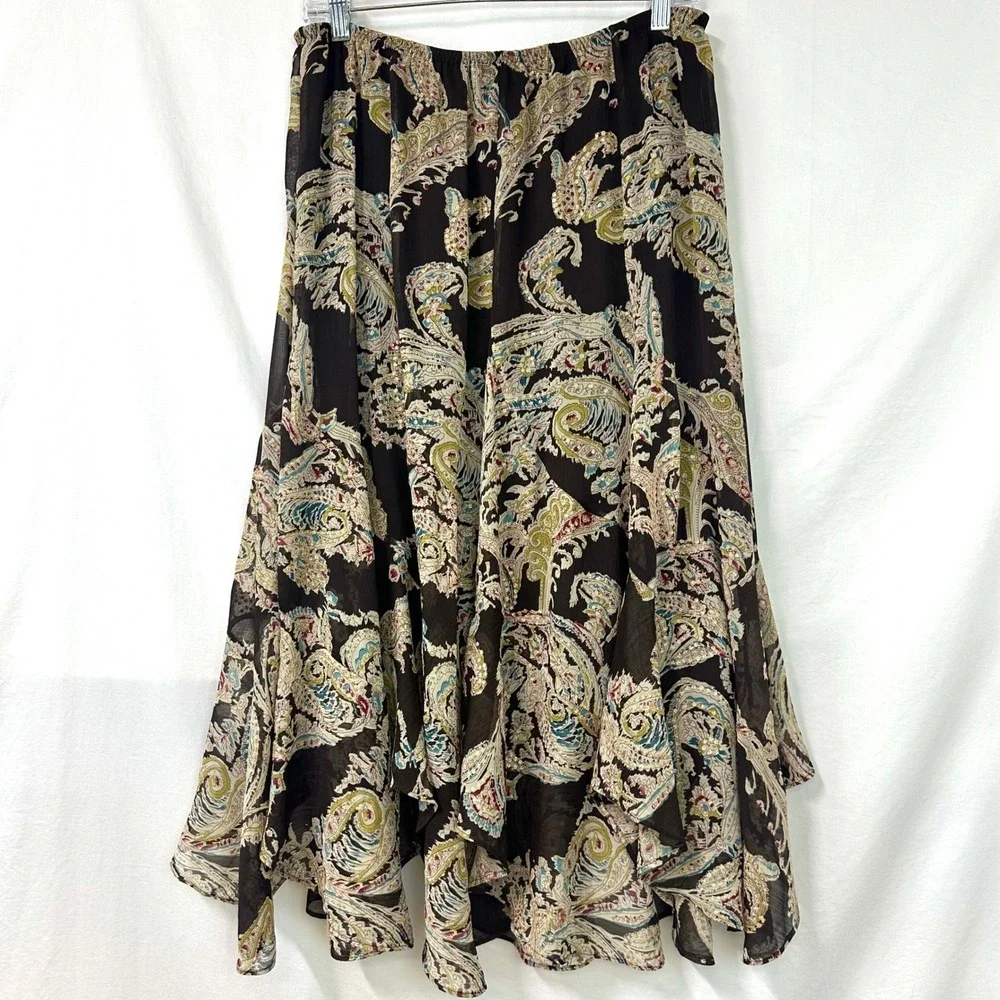 SOFT SURROUNDINGS Brown Paisley Handkerchief Hem Peasant‎ Midi Skirt M Bohemian
